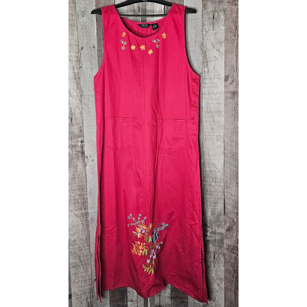 ASAPO Red Embroidered Sleeveless DRESS Floral Flowers Cotton Maxi Shift W Large